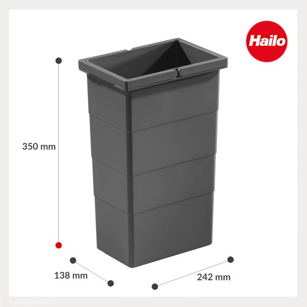 Hailo Mülleimer in Dunkelgrau, Maße 350 Millimeter Höhe, 242 Millimeter Breite, 138 Millimeter Tiefe und Hailo Logo.