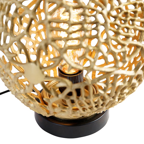 Tischleuchte mit goldfarbenem Korallenmuster und schwarzem Sockel