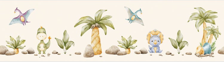 Tapetenbordüre für das Kinderzimmer mit Motiven verschiedener Dinosaurier, Palmen, Pflanzen und Steinen im Aquarellstil.
