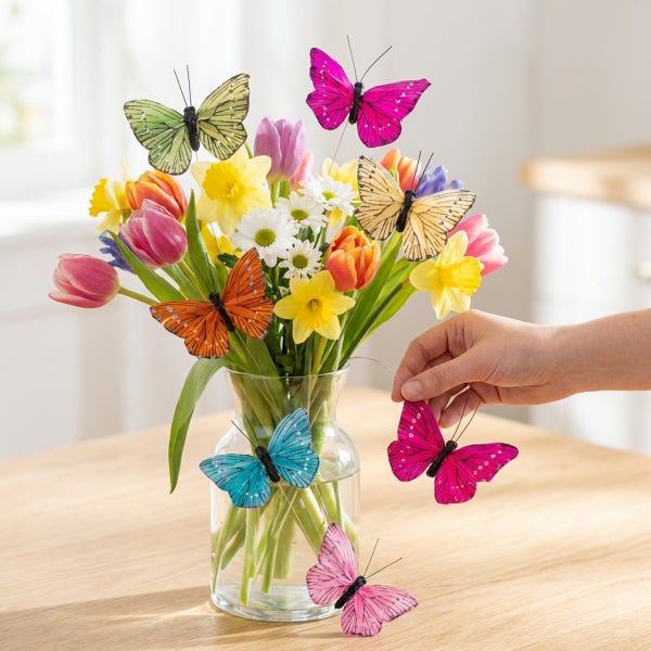 Eine Hand platziert einen dekorativen Schmetterling am Stab in einem Blumenstrauß mit Tulpen und Narzissen in einer Glasvase.