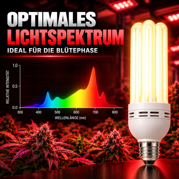 Pflanzenlampe mit optimalem Lichtspektrum für die Blütenphase und grafischer Darstellung der Wellenlängen.