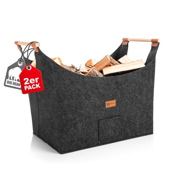 Brennholzkorb aus Filz mit Holzgriffen und kleiner Tasche