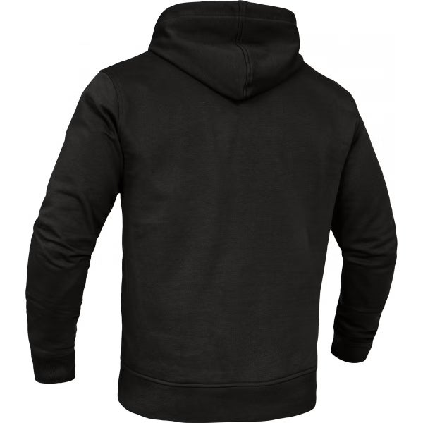 Schwarzer Kapuzenpullover in der Rückansicht mit langen Ärmeln und Bündchen.