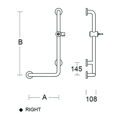 Technische Zeichnung einer L-förmigen Duschstange für rechts mit Gleiter und Haltegriff. Maße 108 und 145 Millimeter sind eingezeichnet.