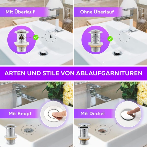 Verschiedene Arten von Ablaufgarnituren für Waschbecken mit und ohne Überlauf sowie mit Knopf oder Deckel