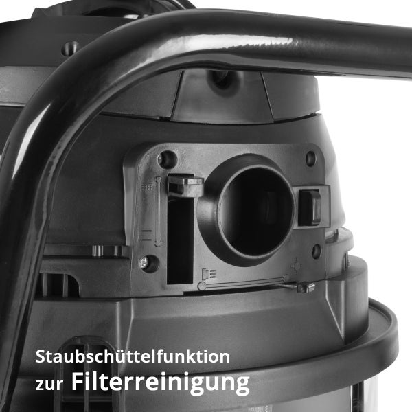 Detailaufnahme eines Staubsaugers mit Staubschüttelfunktion zur Filterreinigung
