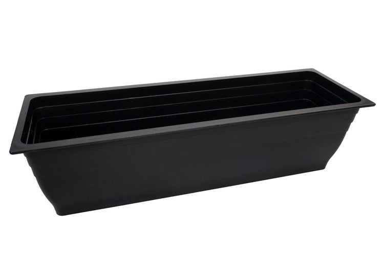 Schwarzer, rechteckiger Balkonkasten aus Kunststoff.