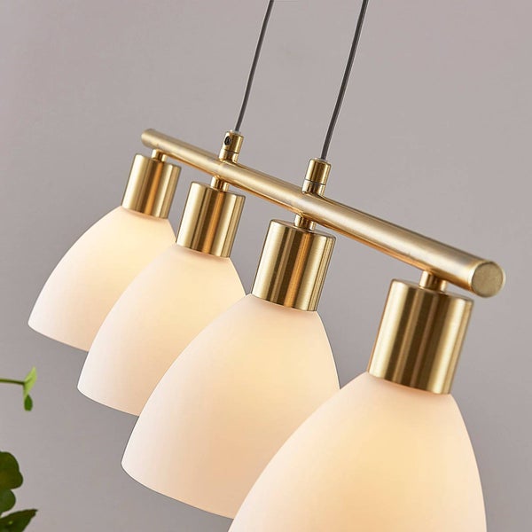 Lindby Hängelampe 4 flammig, höhenverstellbar Esstisch Pendelleuchte Glas Metall Messing matt Hängeleuchte Esszimmer Wohnzimmer Küche Bar Balkenpendelleuchte