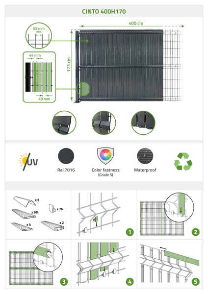 PVC-Sichtschutzlamellen-Set 4m CINTO H.170cm grau