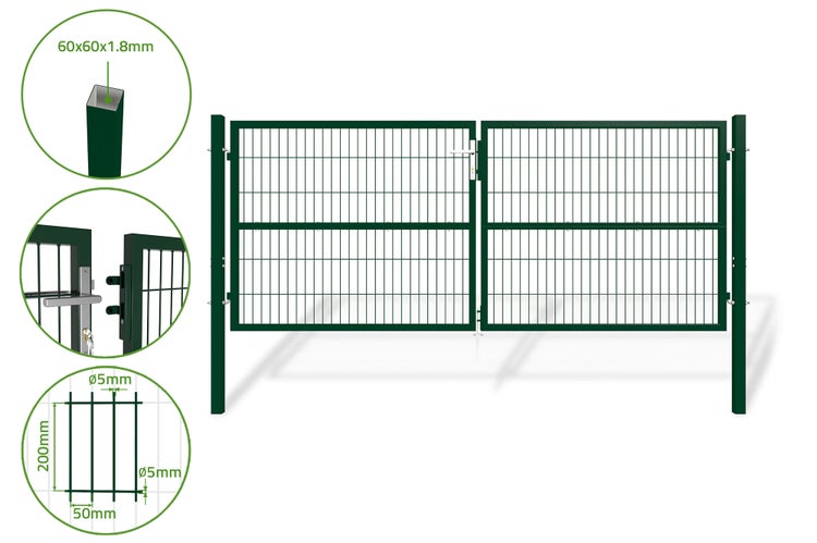 RAZO Doppelflügeltor für Stabmattenzaun 3m Gartentür  Breite 306  x Höhe 126 cm Moosgrün, inkl. Griff, Schloss und Schlüssel I Gartenpforte Einfahrtstor Hoftür