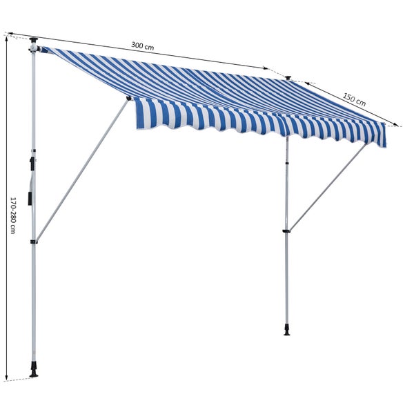 Outsunny Markise, Klemmmarkise, 300 x 150cm, Alu, Blau+Weiß