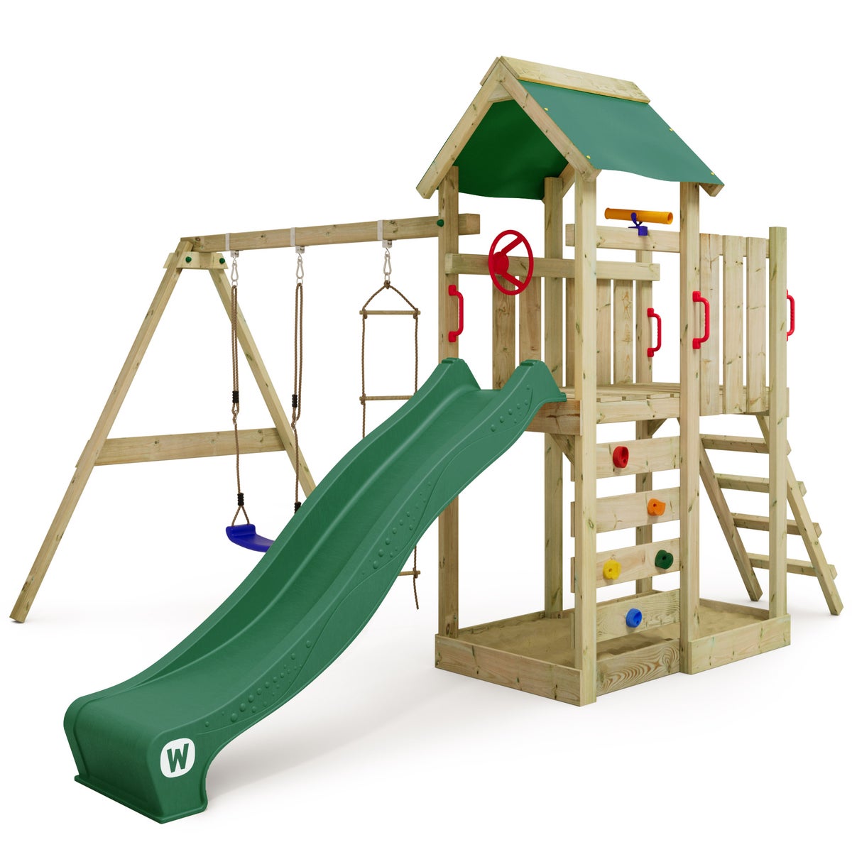 WICKEY Spielturm Klettergerüst MultiFlyer mit Schaukel und Rutsche, Kletterturm mit Sandkasten, Leiter und Spiel-Zubehör - grün