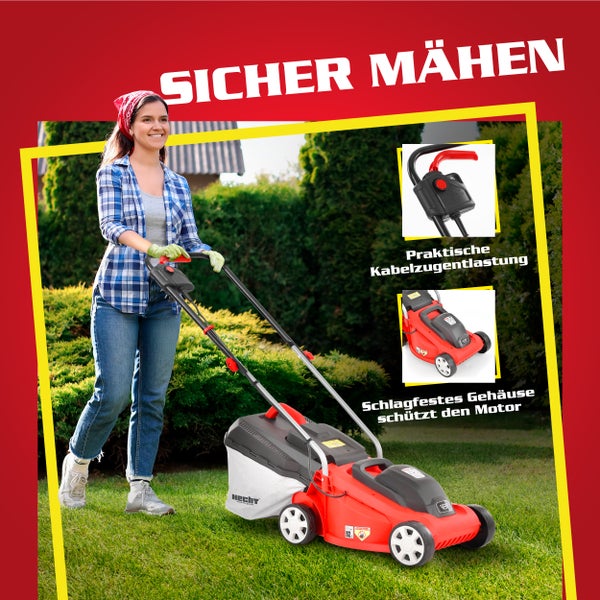 Frau mäht Rasen mit einem Hecht Rasenmäher im Garten