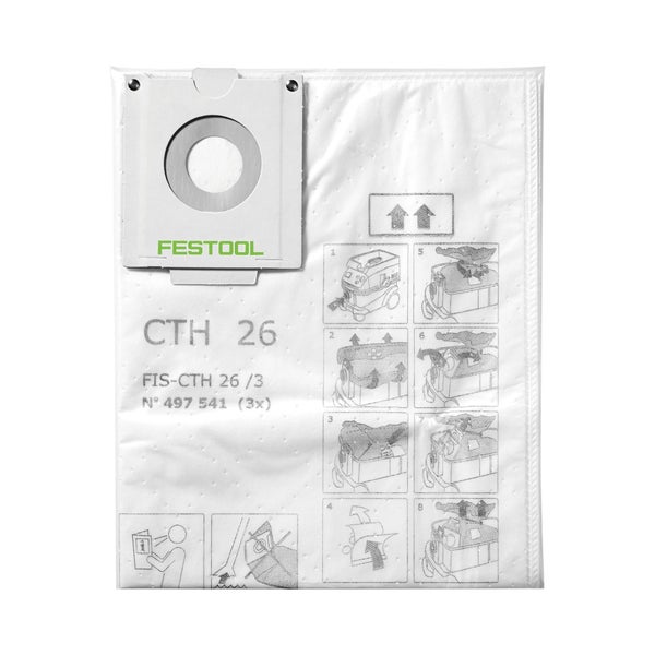 Festool Logo. Filtersack FIS-CTH 26 für Absaugmobile aus Vliesstoff mit aufgedruckter Montageanleitung.