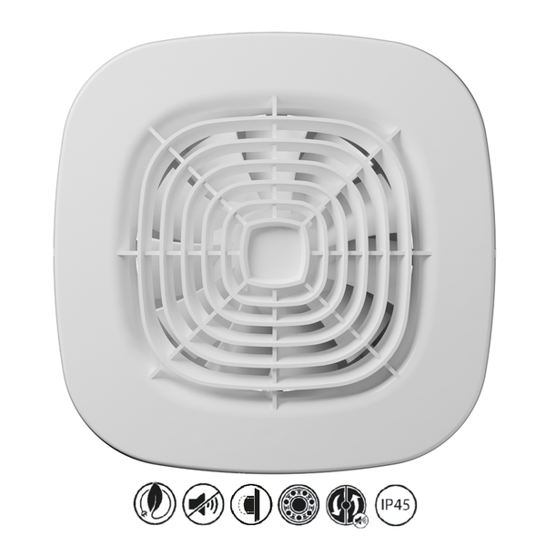 Quadratischer Badventilator mit abgerundeten Ecken und konzentrischem Gitter. Symbole für Energiesparmodus, leise, Kugellager und IP45.