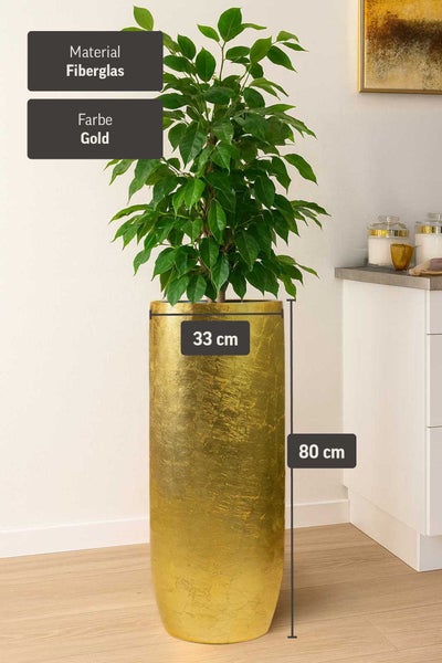 Hohes, zylindrisches Pflanzgefäß aus Fiberglas in Gold, 80 Zentimeter hoch und 33 Zentimeter im Durchmesser.