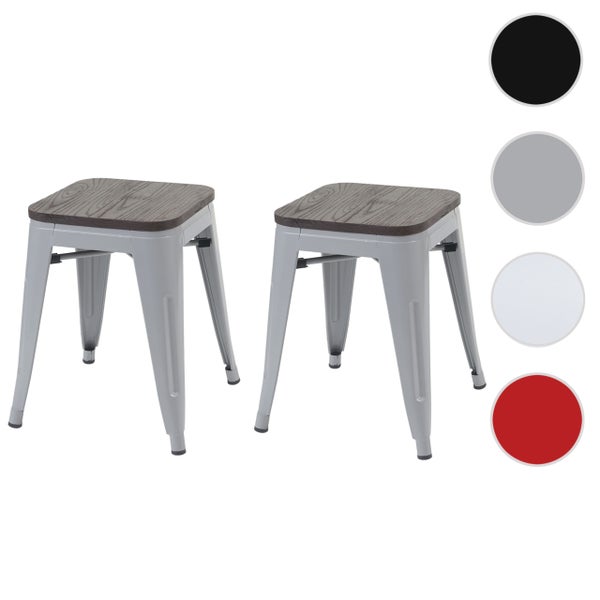 Zwei graue Metallhocker mit Holzplatte