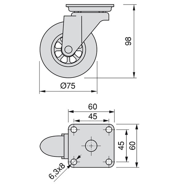 Maßzeichnung einer Lenkrolle mit Durchmesser 75 Millimeter, Höhe 98 Millimeter und Anschraubplatte 60 mal 60 Millimeter.