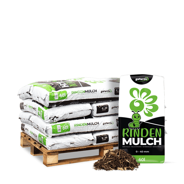 Galamio Rindenmulch, Körnung null bis 40 Millimeter, 60 Liter Säcke auf Palette gestapelt mit einer Probe Mulch.