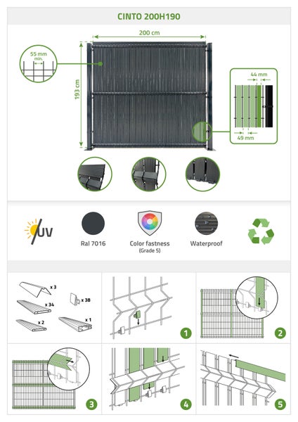 PVC-Sichtschutzlamellen-Set 2m CINTO H.190cm grau