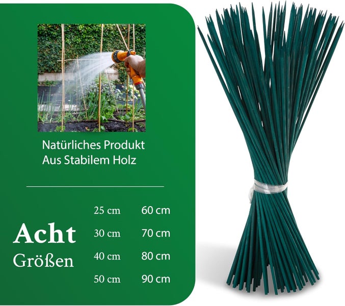 Grüne Pflanzstäbe aus Holz im Bündel, erhältlich in acht Größen von 25 bis 90 Zentimetern, mit Anwendungsbeispiel bei der Gartenbewässerung.