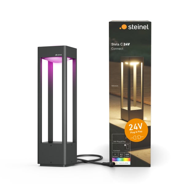 Steinel LED Wegleuchte Stela C 24V Connect mit Verpackung, 510 Millimeter hoch, für den Außenbereich.