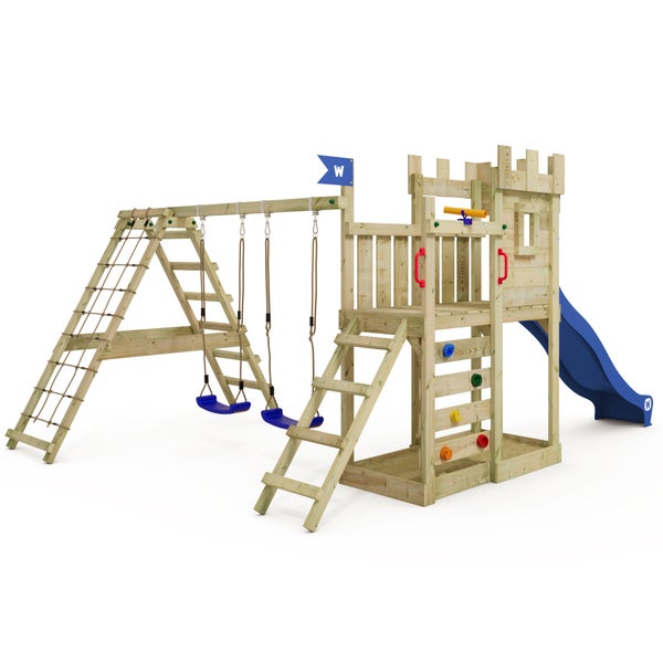 WICKEY Spielturm GateFlyer mit Kletteranbau, Doppelschaukel und Rutsche - blau