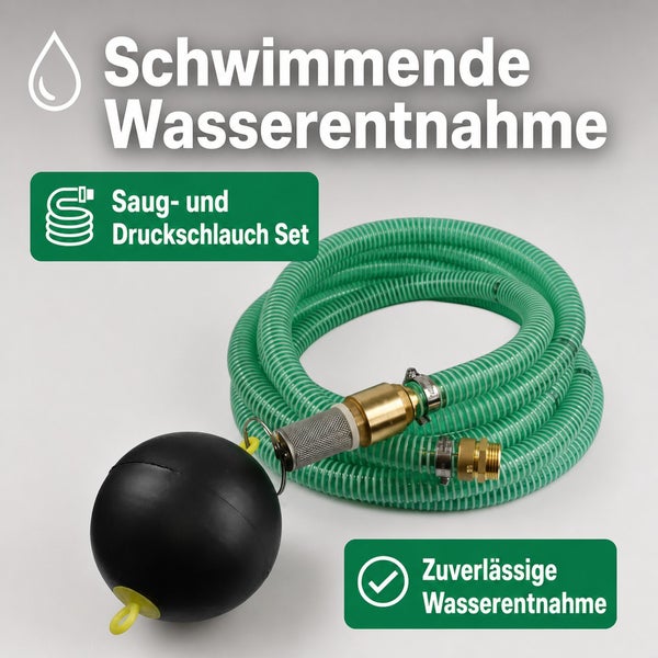 Schwimmende Wasserentnahme mit Saug- und Druckschlauch und Ansaugkugel für eine zuverlässige Wasserentnahme