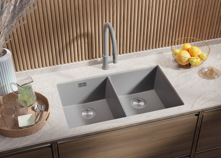 PRIMAGRAN Unterbauspüle Granit Grau 76x47cm, Spülbecken 2 Becken + Ablauf-Set, Granitspüle ab 80er Unterschrank - London Twin