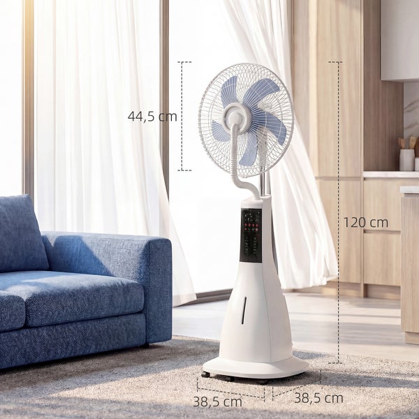 Standventilator im hellen Raum. Maße: Höhe 120 Zentimeter, Breite 38,5 Zentimeter, Tiefe 38,5 Zentimeter, Durchmesser 44,5 Zentimeter.