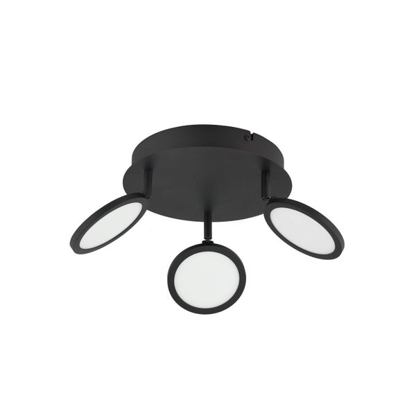 Moderne schwarze LED Deckenleuchte mit drei verstellbaren, kreisförmigen Lichtköpfen an einem runden Sockel.