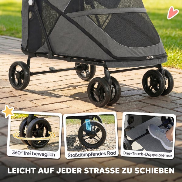 Grauer Hundebuggy mit 360 Grad schwenkbaren Vorderrädern, stoßdämpfenden Rädern und einer One-Touch-Doppelbremse für verschiedene Untergründe.