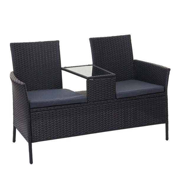 Zweisitzer-Gartenbank aus Polyrattan mit integriertem Glastisch und Sitzkissen