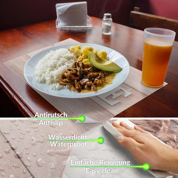 Tischset mit Holzoptik auf gedecktem Tisch, rutschfest, wasserdicht und leicht zu reinigen.