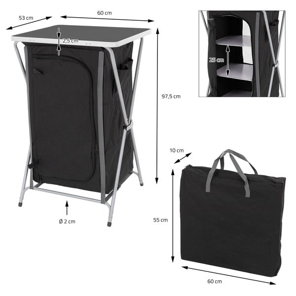 ECD Germany Campingschrank faltbar, Grau-Schwarz, 60x97,5x53 cm, Campingküche mit Aluminiumgestell, Küchenbox tragbar mit Arbeitsplatte, 3 Ablagen und Tragetasche, Outdoorschrank Faltschrank aus Stoff