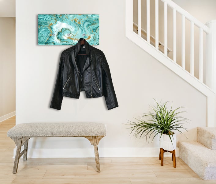 Wandpaneel, Wandgarderobe aus Acrylglas inkl. 3 Edelstahlhaken und Aufhängung Marmor Türkis WR00021, 60x30cm