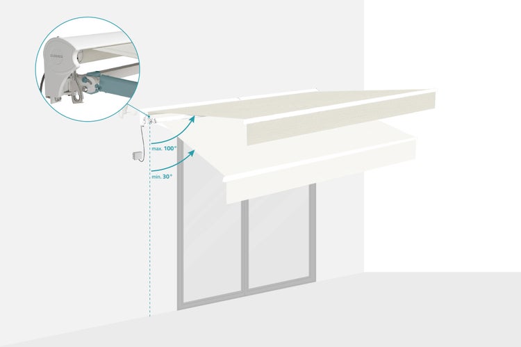 Installation einer Gelenkarmmarkise mit Neigungswinkel zwischen 30 und 100 Grad