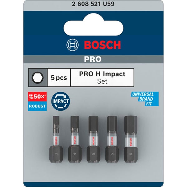 Fünf Bosch Innensechskant-Bits der Größen 3, 4, 5 und 6