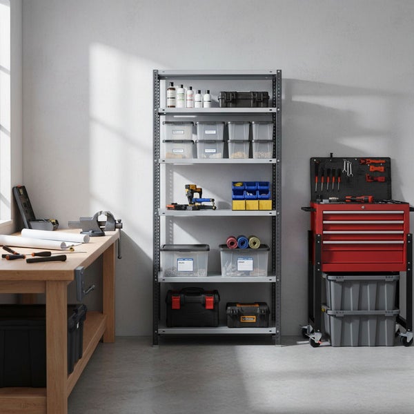 Organisierte Werkstatt mit einem dunklen Metallregal, einer Werkbank aus Holz und einem roten Werkstattwagen.