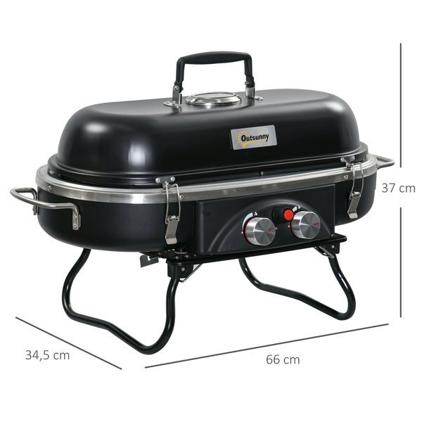 Outsunny Gasgrill 2,34 KW Klappbar BBQ Gartengrill inkl 2 Edelstahl-Brenner Druckminderer Gasschlauch Deckel Thermometer, 2 Heizzonen, Camping-Grill für Balkon, 66 x 34,5 x 37 cm