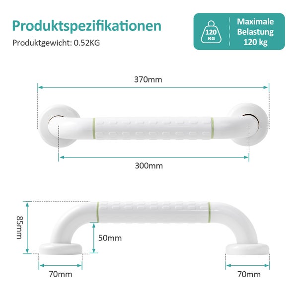 Bad-Haltegriff Maße: Länge 370 Millimeter, Bohrlochabstand 300 Millimeter, Tiefe 85 Millimeter, maximale Belastbarkeit 120 Kilogramm.