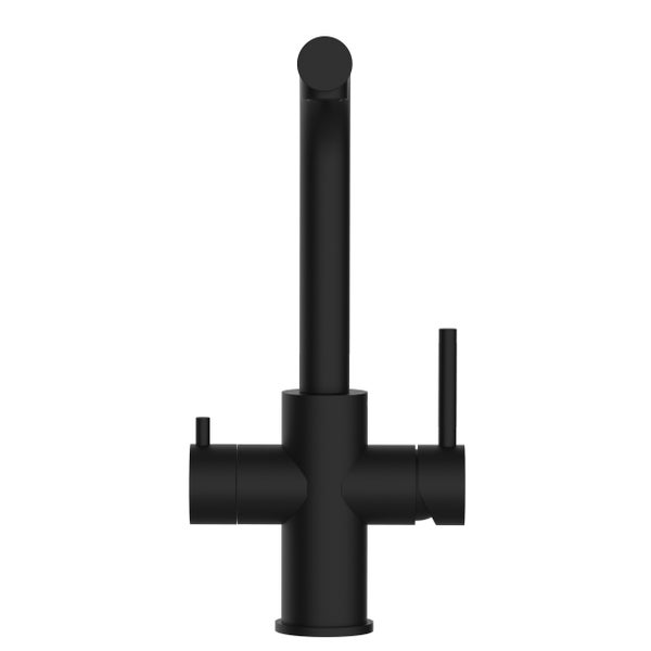 Schwarze matte Küchenarmatur mit hohem Auslauf und zwei Bedienhebeln.