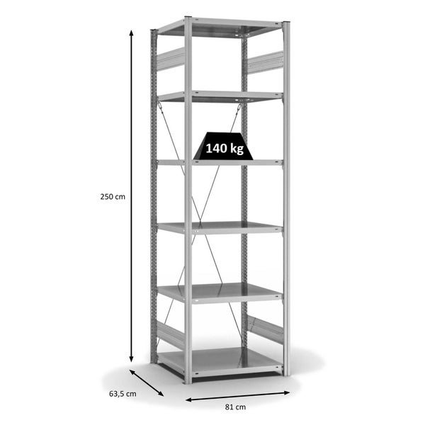 PROREGAL Fachbodenregal Stecksystem T-Profil Light-Duty Grundregal HxBxT 250 x 75 x 60 cm 6 Ebenen Fachlast 140 kg Einseitig Nutzbar Verzinkt