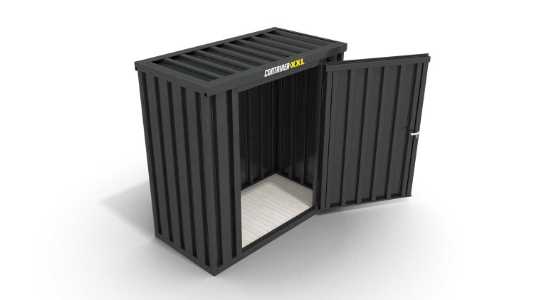 Lagercontainer Gerätehaus S  – 4 qm, H2150 x B2100 x T2170 mm, Außenwandlackierung anthrazit, Dach außen verzinkt, mit Holzfußboden, 1270 mm Einflügeltür mittig in Breitseite, montiert