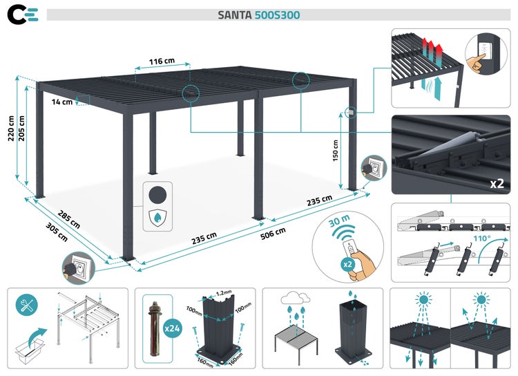 Pergola bioklimatisch aus graue Aluminium SANTA 5x3m - elektrisch verstellbares Lamellendach