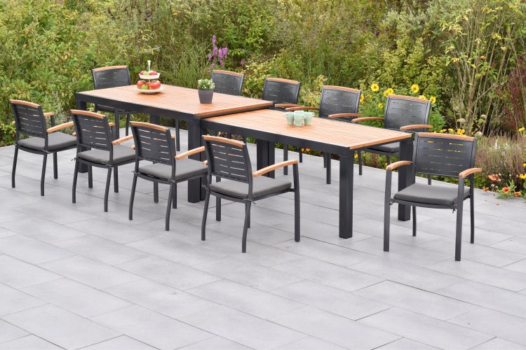 Tinos Gartenmöbelset 21tlg., 10 Stapelsessel, 10 Sitzkissen grau, 1 Flex Ausziehtisch 180 (300) x 100 cm