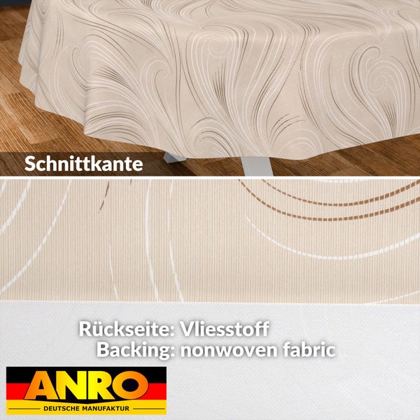 Wachstuch-Tischdecke mit abstraktem Muster, Vliesstoff-Rückseite und Schnittkante. ANRO Logo.