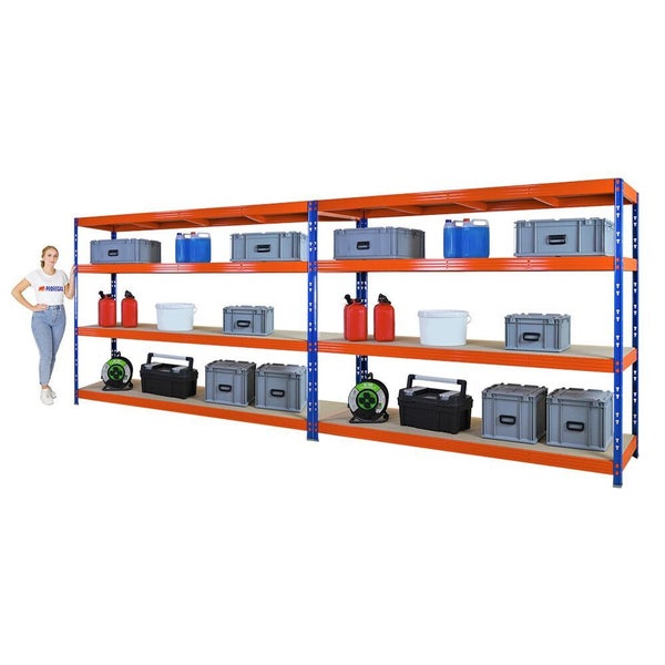 PROREGAL Mega Deal 2x Profi Schwerlastregal Rhino, HxBxT 180x240x60cm, 4 Spanplatten-Ebenen 8mm, Fachlast 450kg, Blau/Orange