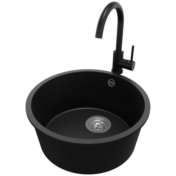 PRIMAGRAN Unterbauspüle Granit Schwarz Metallic 46x46cm, Spülbecken 1 Becken + Küchenarmatur 32x20cm + Ablauf-Set, Granitspüle ab 50er Unterschrank - Valletta