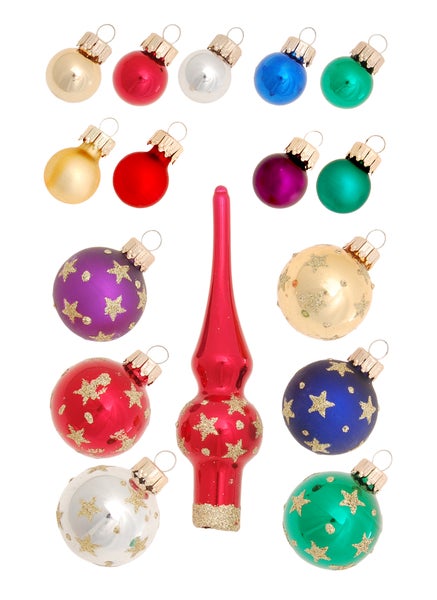 Multicolor Mini-Dekoset aus Glas, 16tlg., 2cm, 3cm Kugeln, 12cm Spitze, handdekoriert, 16 Stck., Weihnachtsbaumkugeln, Christbaumschmuck, Weihnachtsbaumanhänger